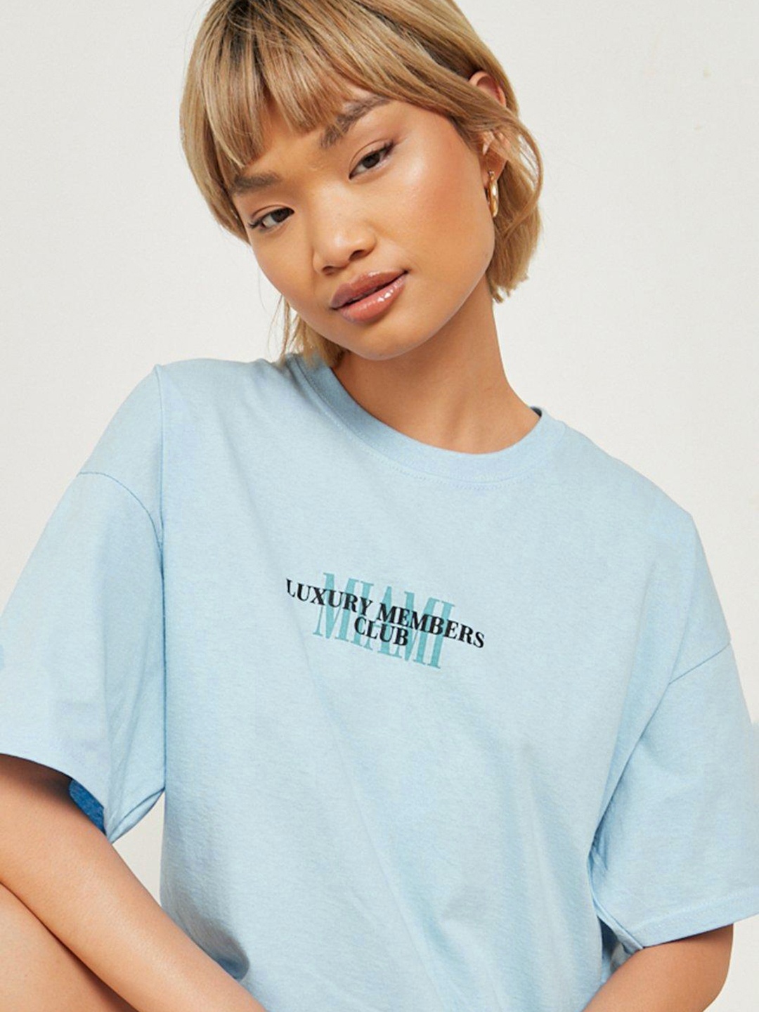 

Boohoo Pure Cotton Typography Printed Drop-Shoulder Sleeves T-shirt, Blue
