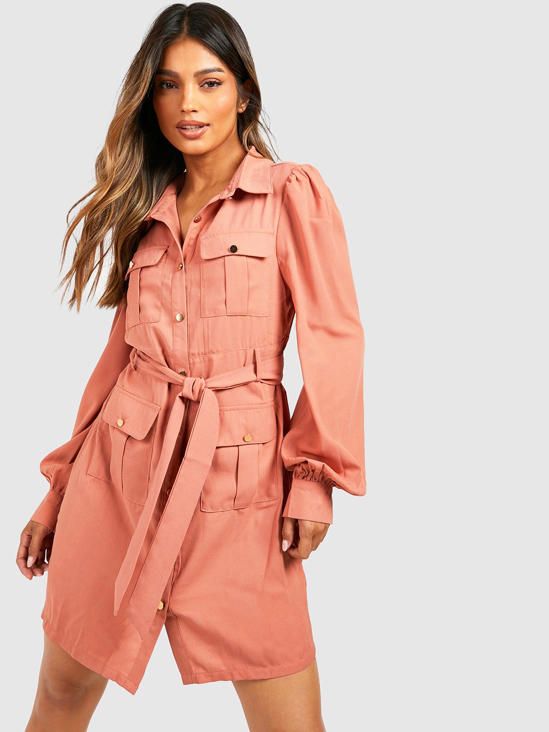 

Boohoo Puff Sleeve Shirt Dress, Rust