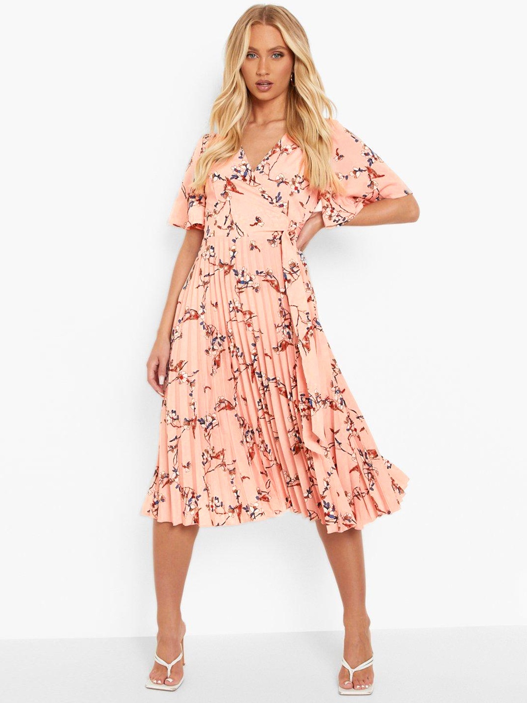 

Boohoo Floral Print Accordion Pleated A-Line Midi Dress, Peach