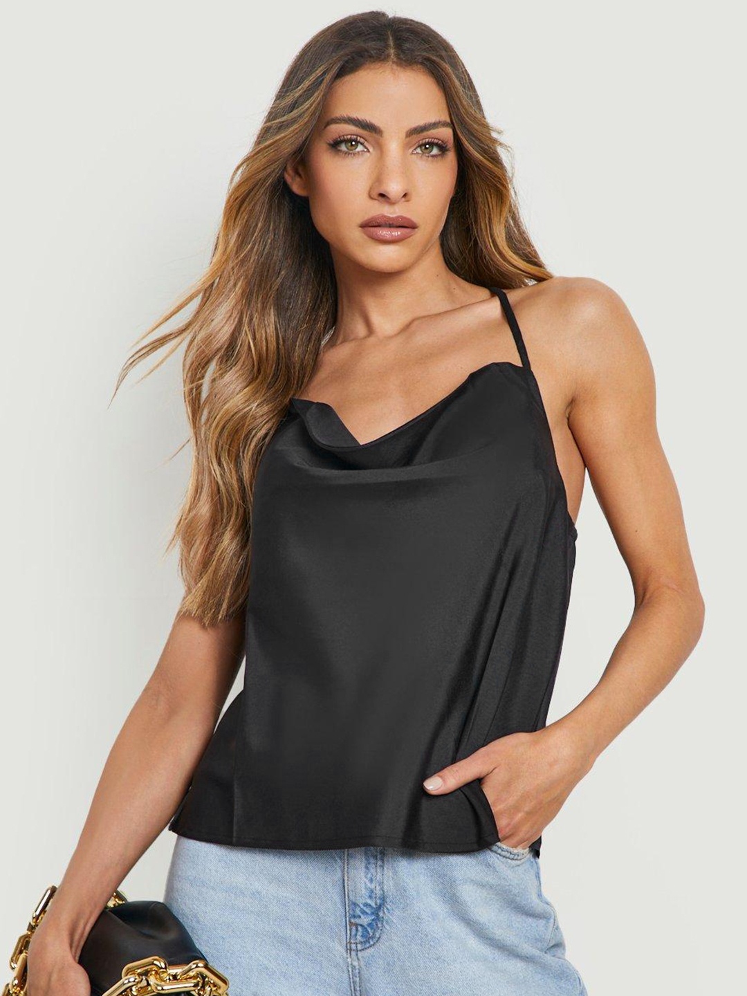 

Boohoo Cowl Neck Regular Top, Black