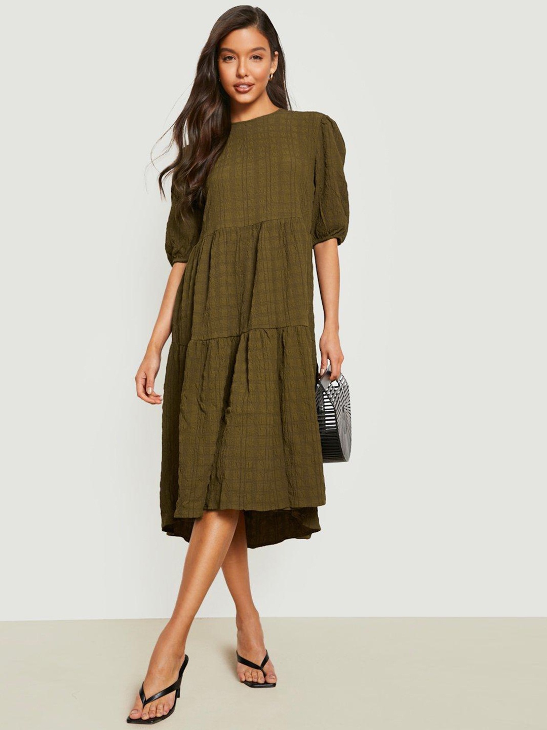 

Boohoo Textured Detail Puff Sleeves Flounced Hem A-Line Midi Dress, Olive