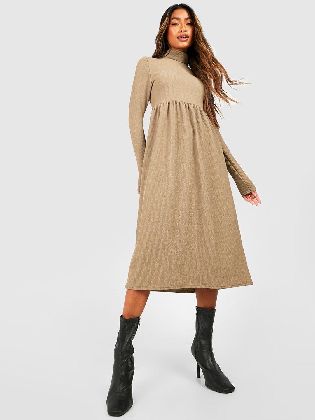 

Boohoo Turtle Neck Crinkled Ribbed Midi Fit & Flare Dress, Beige