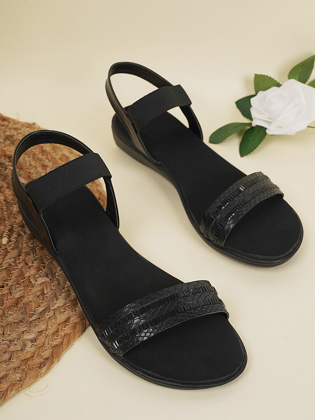 

Style Shoes Textured Open Toe Flats With Backstrap, Black