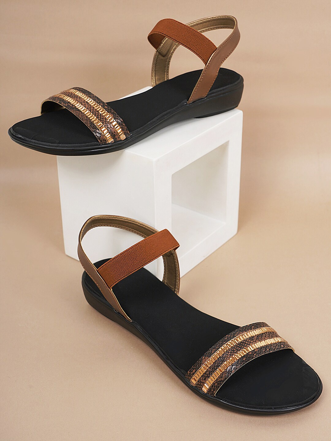 

Style Shoes Textured Embellished Open Toe Flats, Copper