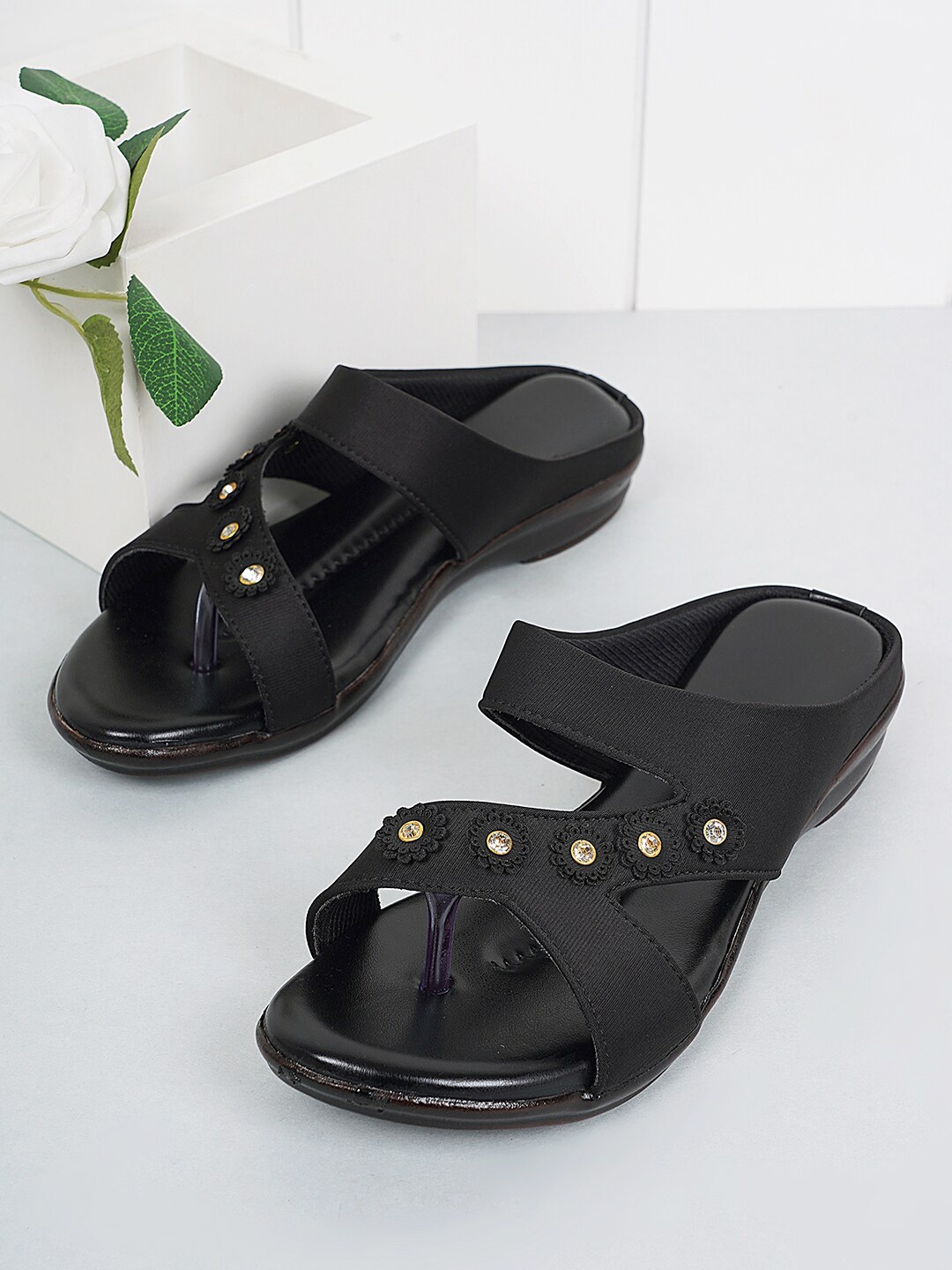 

Style Shoes Embellished Open Toe Flats, Black