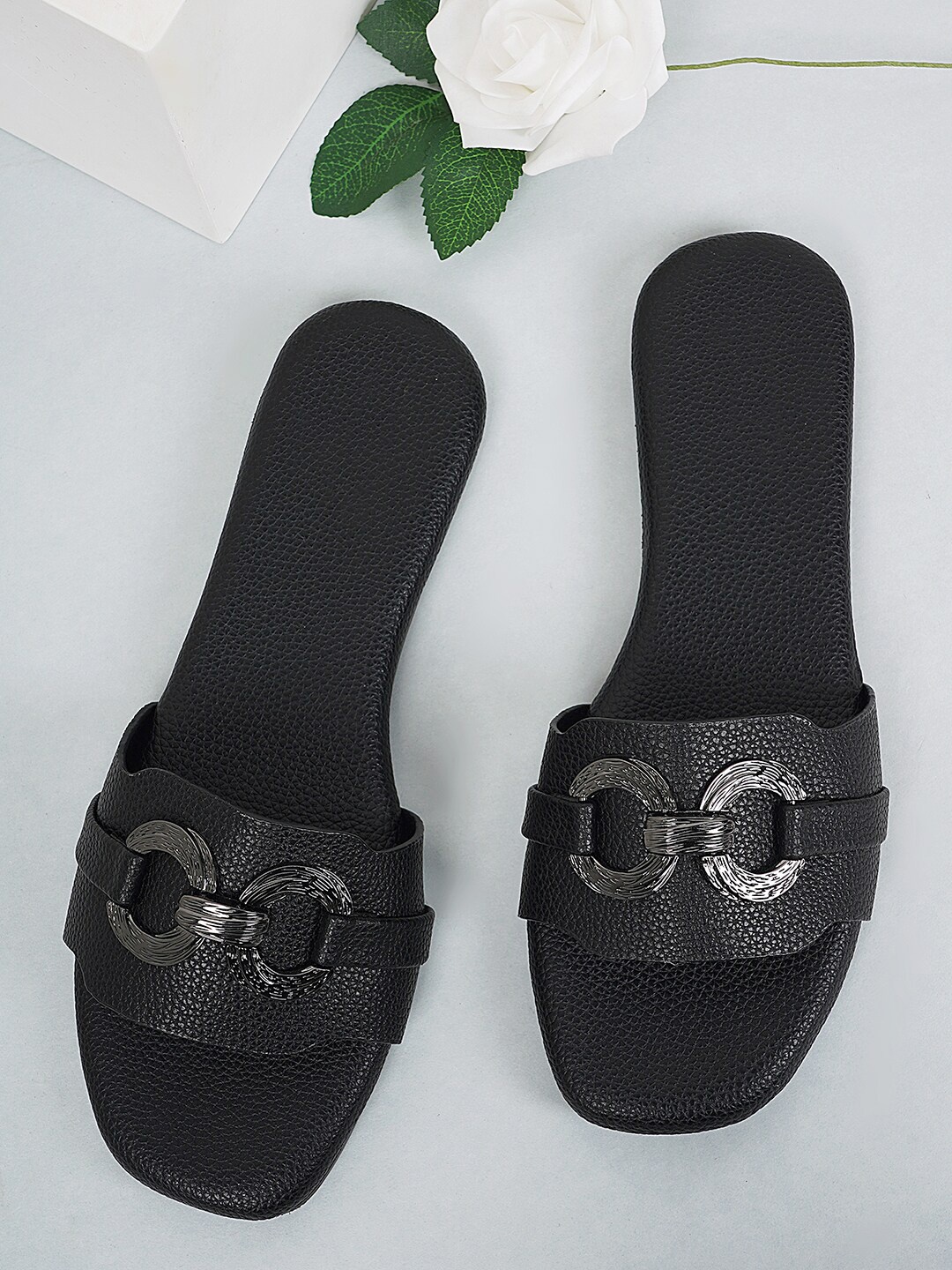 

Style Shoes Textured Embellished Open Toe Flats, Black