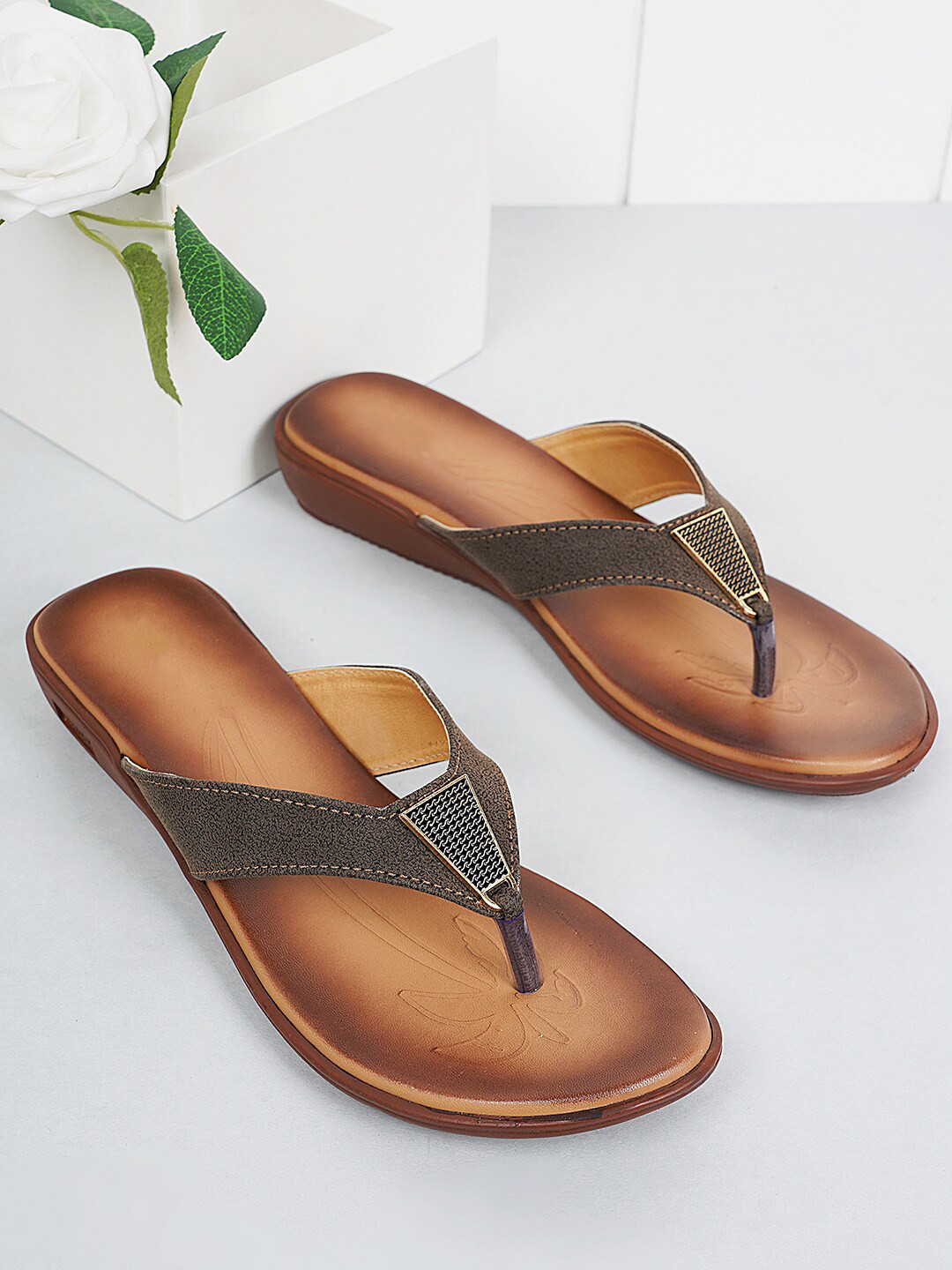 

Style Shoes Textured Buckled Open Toe Flats, Brown