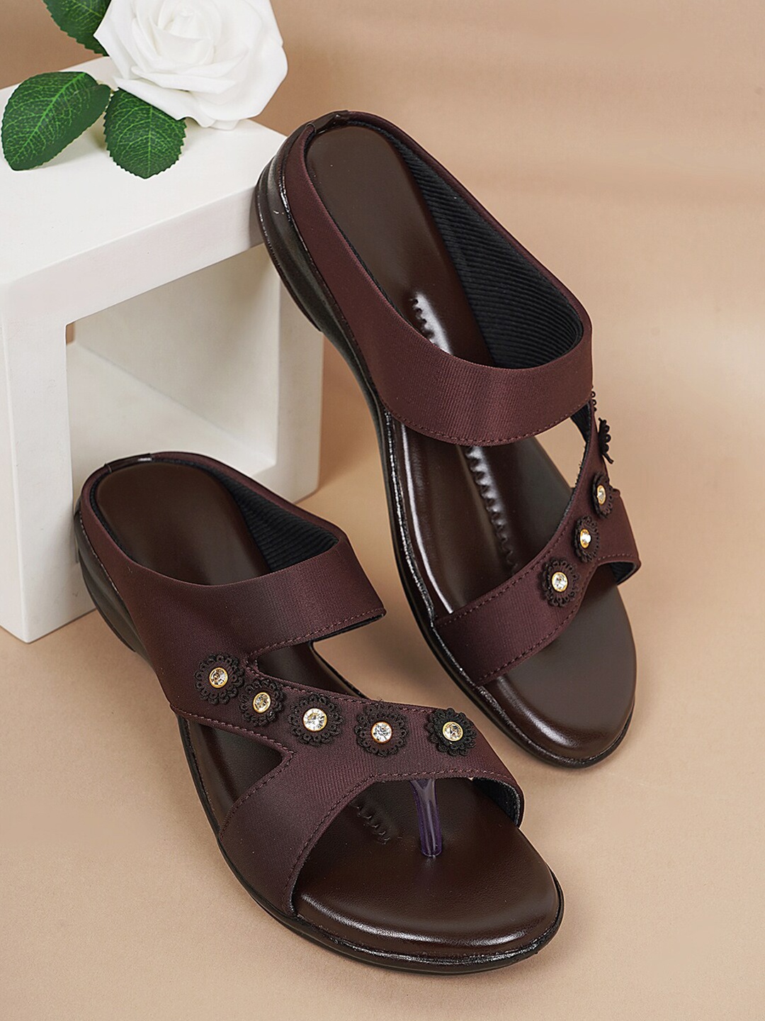 

Style Shoes Embellished Open Toe Flats, Brown