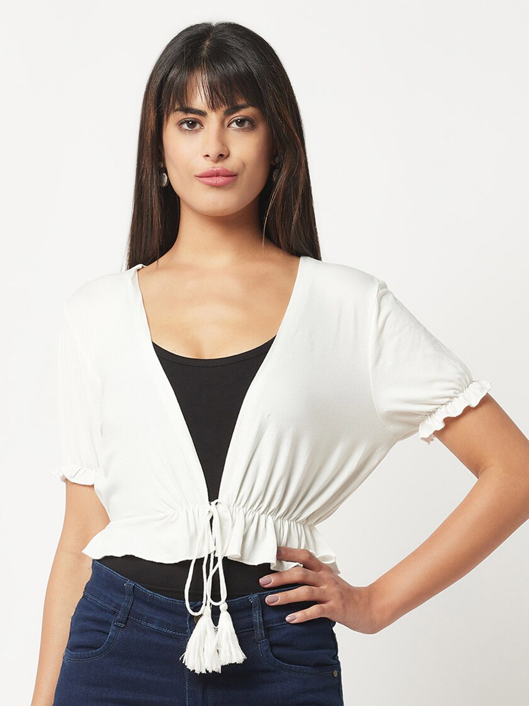 

Espresso Gathered Sleeves Front Tie Up Crop Shrug, Off white
