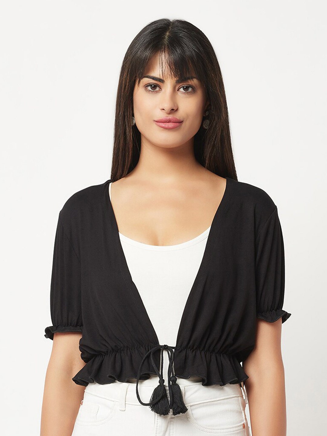 

Espresso Gathered Sleeves Front Tie Up Crop Shrug, Black