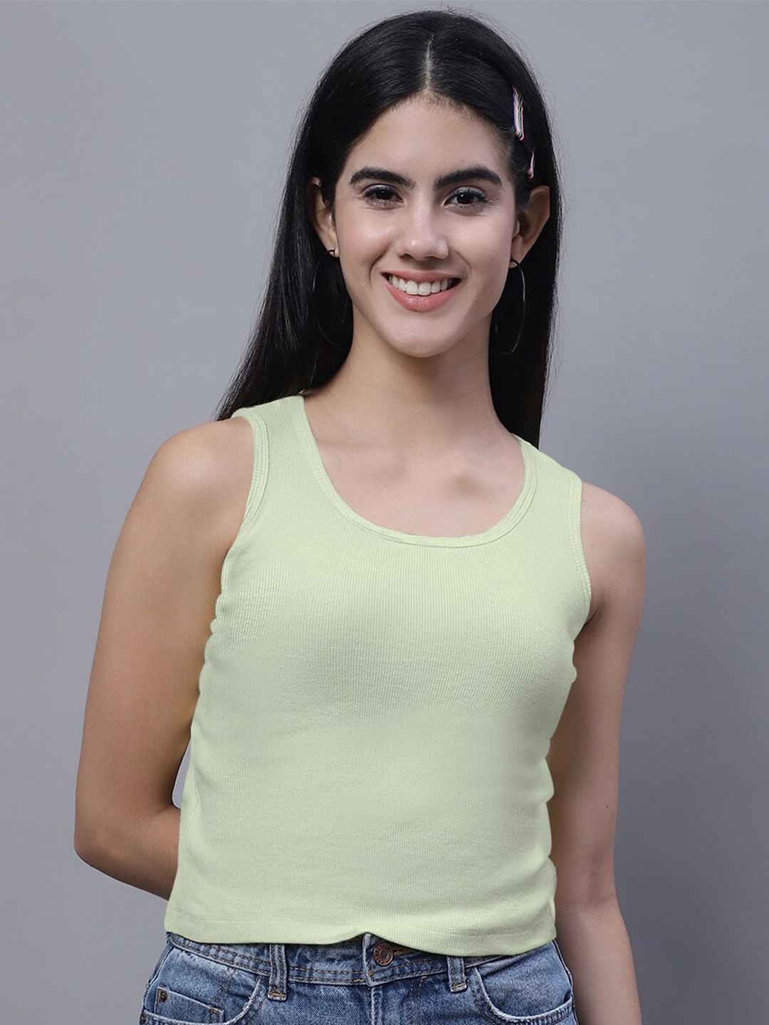 

FBAR Round Neck Ribbed Cotton Tank Top, Sea green