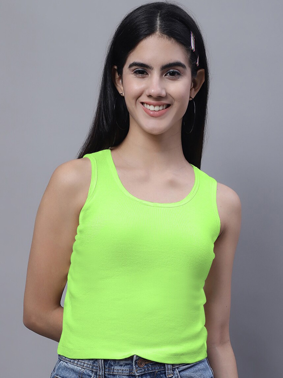 

FBAR Round Neck Ribbed Cotton Tank Top, Lime green