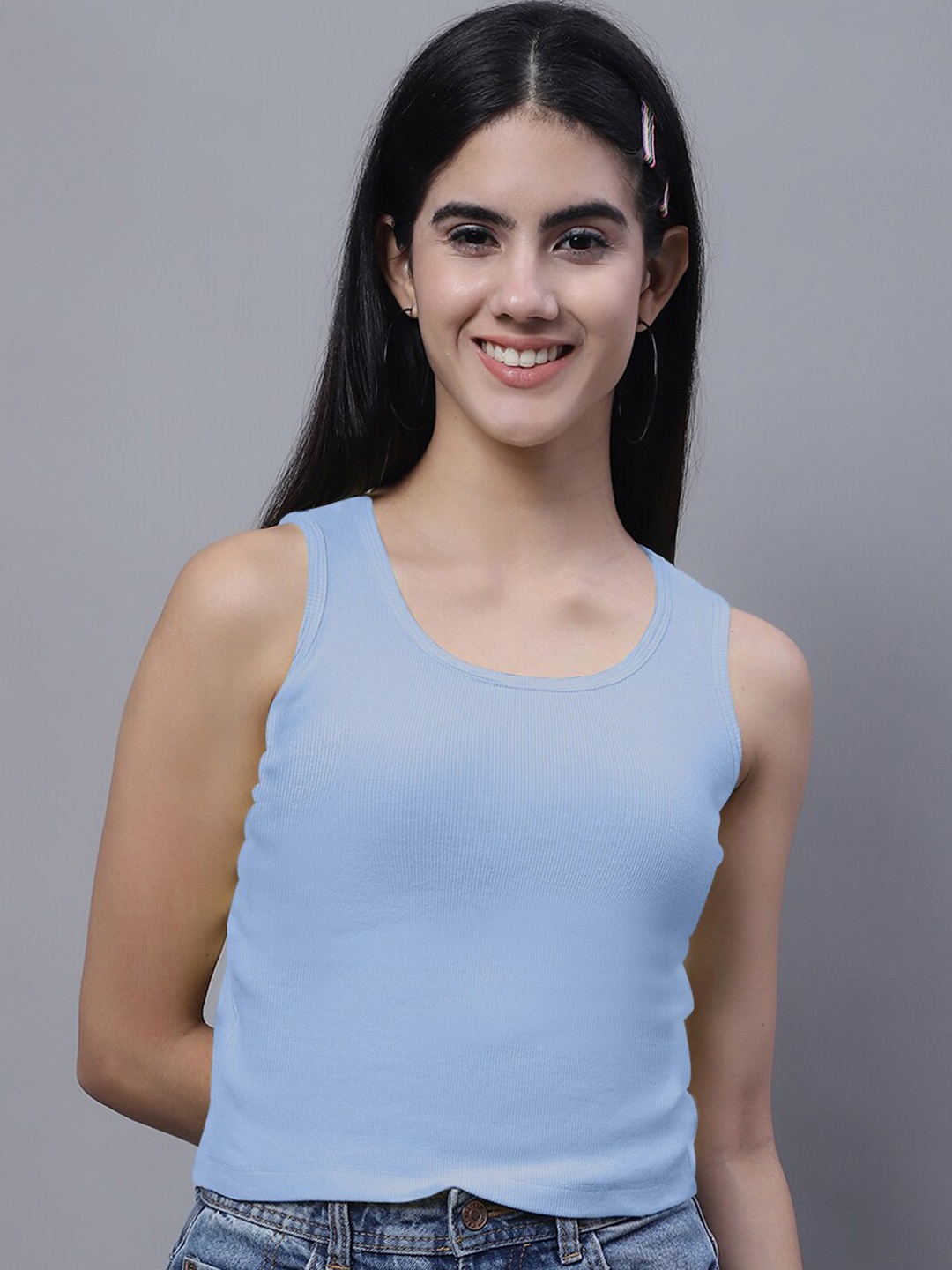 

FBAR Round Neck Ribbed Cotton Tank Top, Turquoise blue
