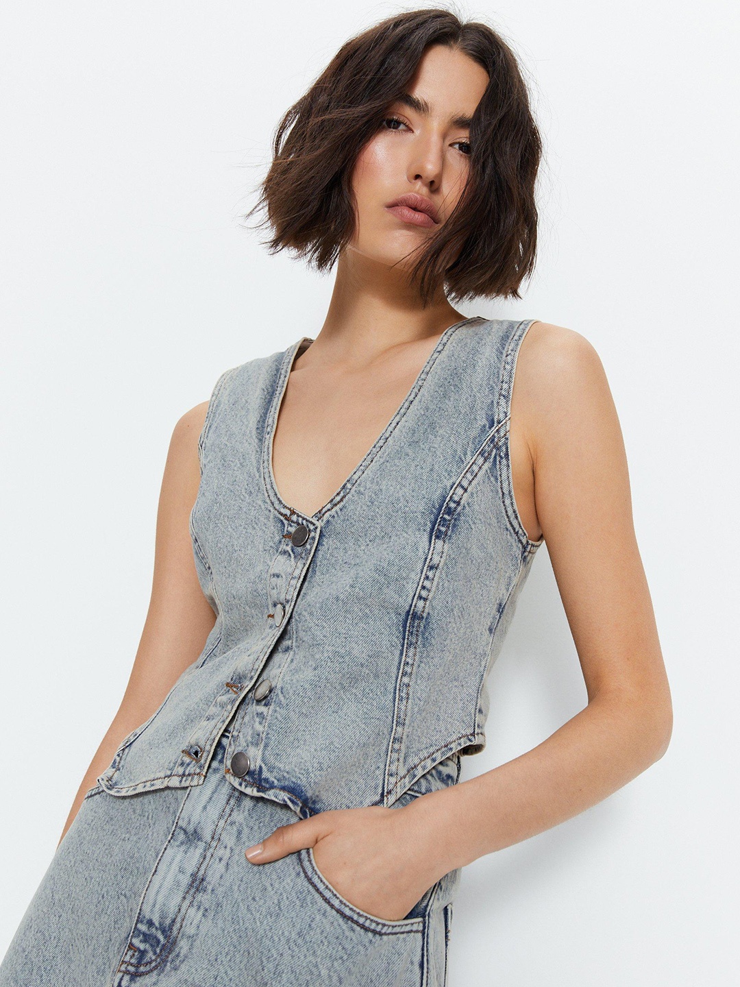 

WAREHOUSE Pure Cotton Denim Waistcoat Style Top, Blue