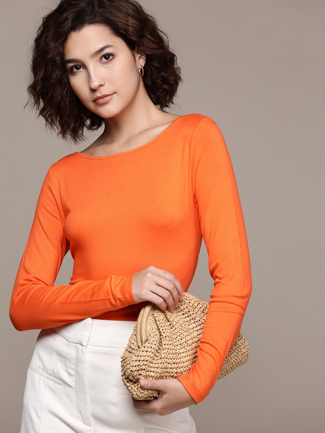 

WAREHOUSE Women Boat Neck Solid T-shirt, Orange