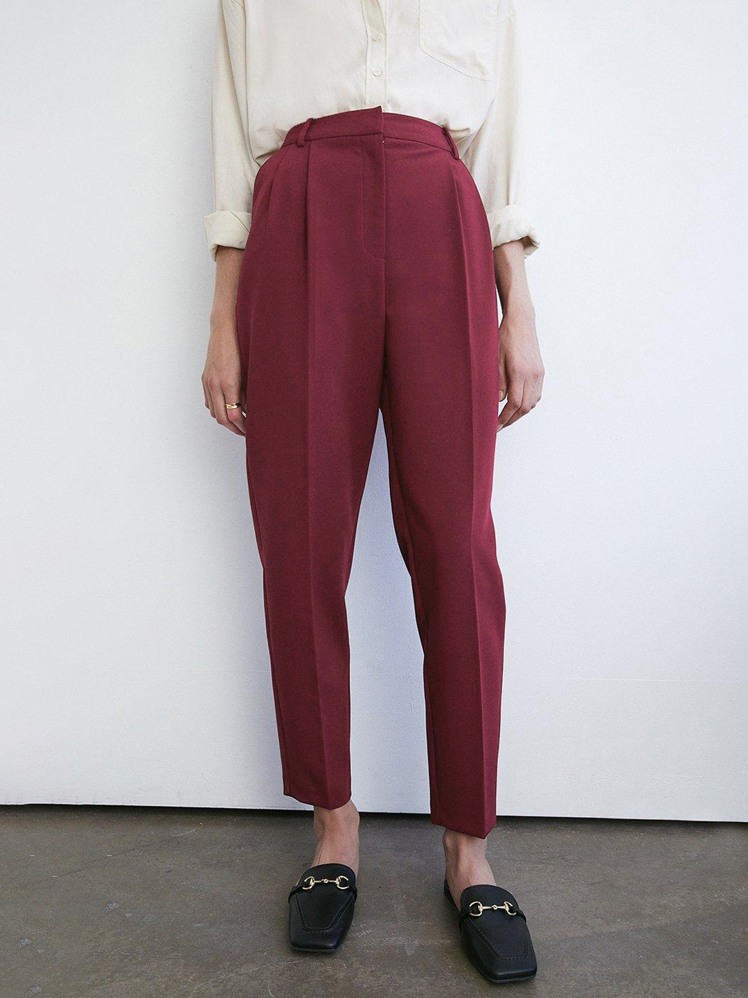 

WAREHOUSE Women High-Rise Pleated Peg Trousers, Maroon