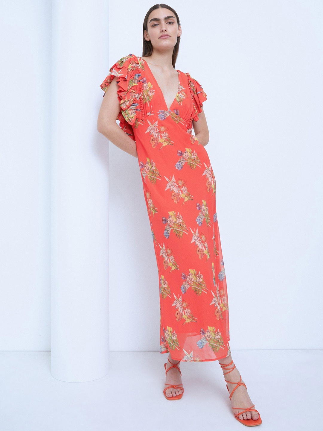 

WAREHOUSE Floral Print Flutter Sleeve A-Line Maxi Dress, Orange