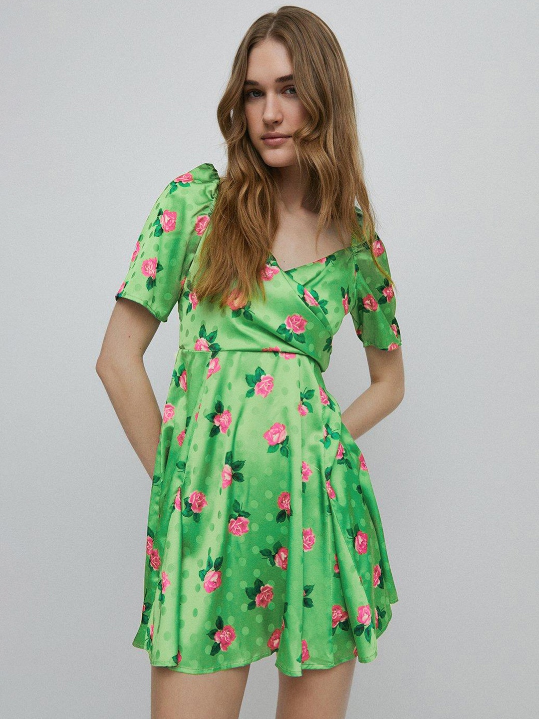 

WAREHOUSE Floral Print Puff Sleeve A-Line Mini Dress, Green