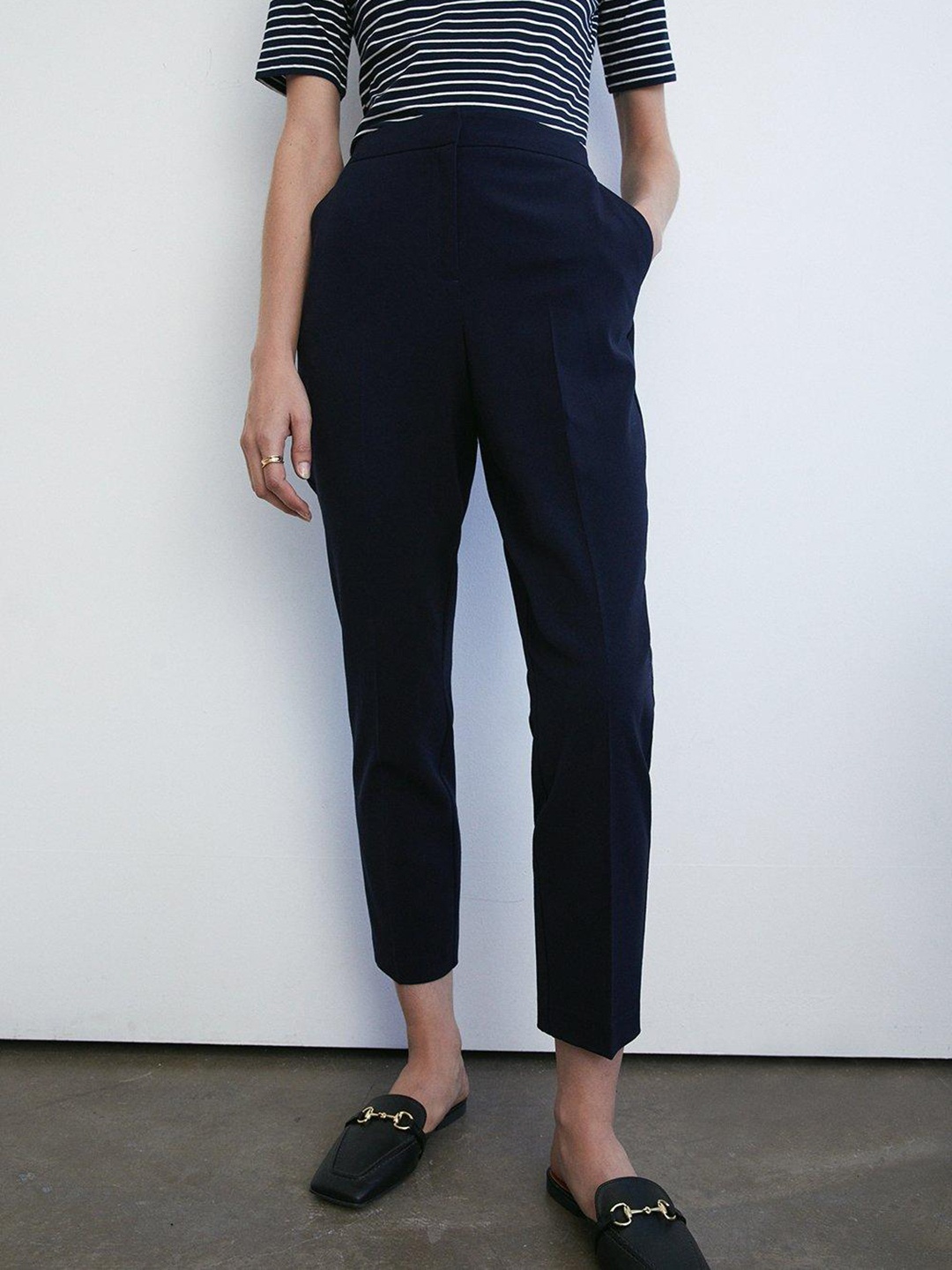 

WAREHOUSE Women Solid High-Rise Cropped Formal Trousers, Navy blue