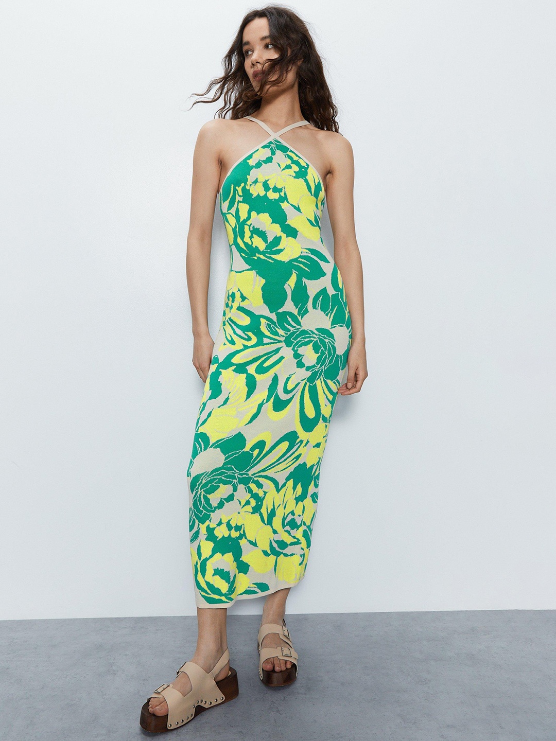 

WAREHOUSE Green & Yellow Print Halter Neck Sheath Midi Dress