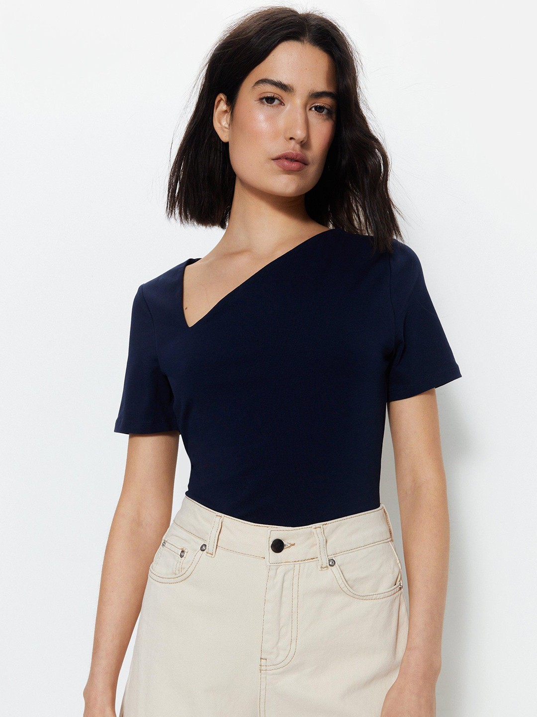 

WAREHOUSE Pure Cotton Asymmetric Neck Top, Navy blue