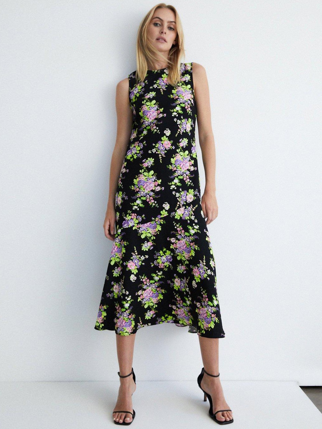 

WAREHOUSE Crepe Floral Print A-Line Midi Dress, Black