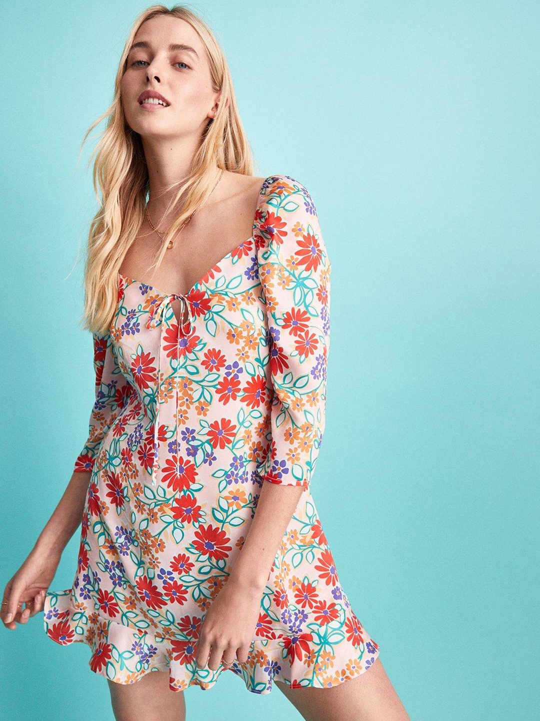 

WAREHOUSE Sweetheart Neck Floral Print A-Line Mini Dress, Peach