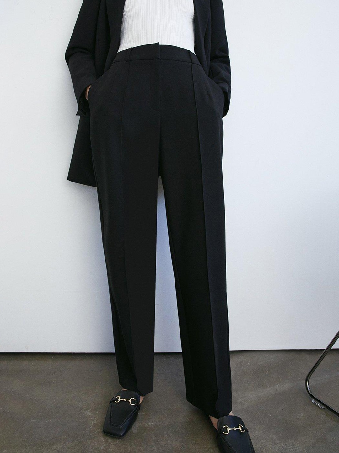 

WAREHOUSE Women Double Crepe Pintuck Straight Fit High-Rise Formal Trousers, Black