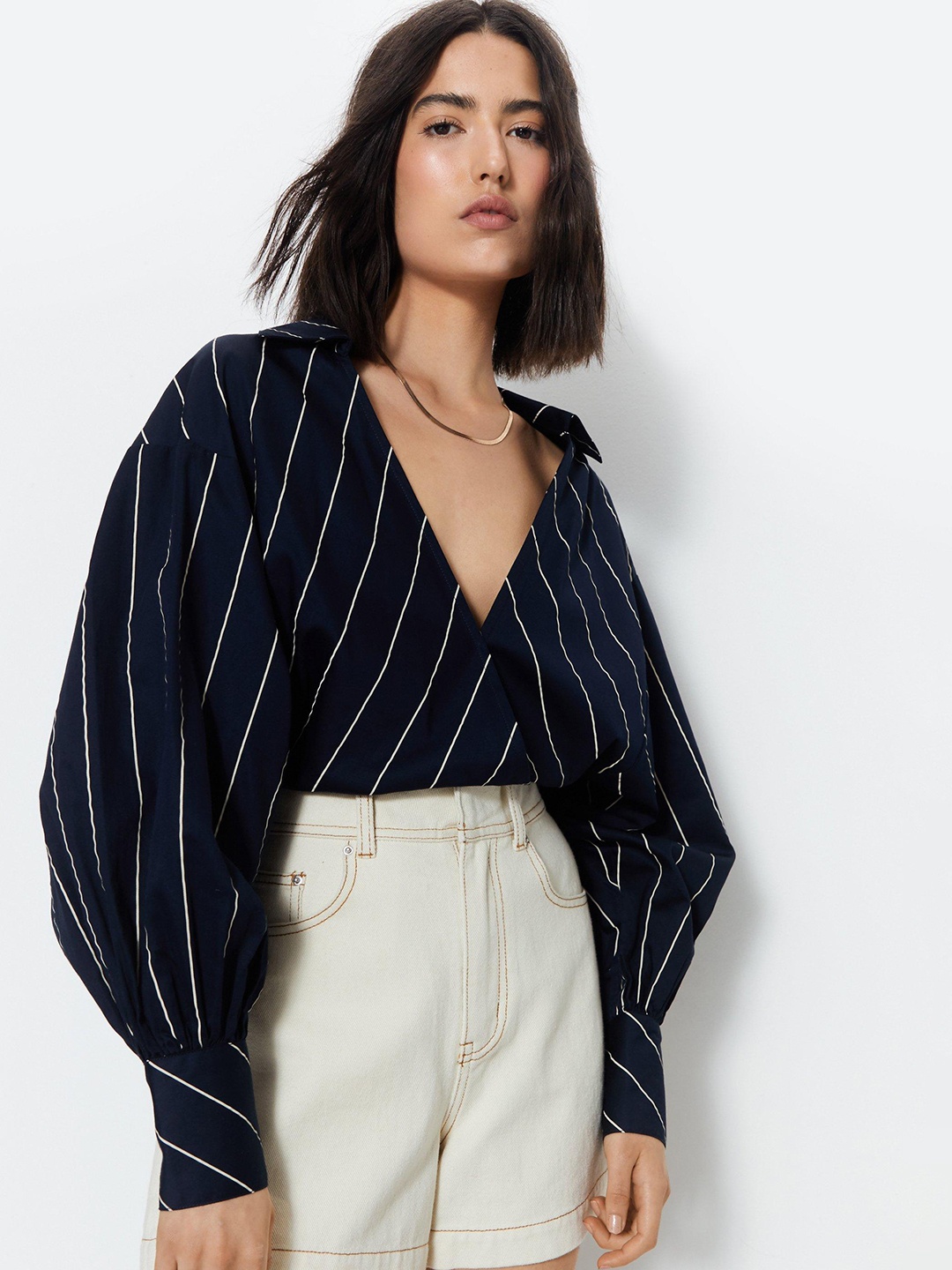 

WAREHOUSE Striped Puff Sleeves Wrap Top, Navy blue