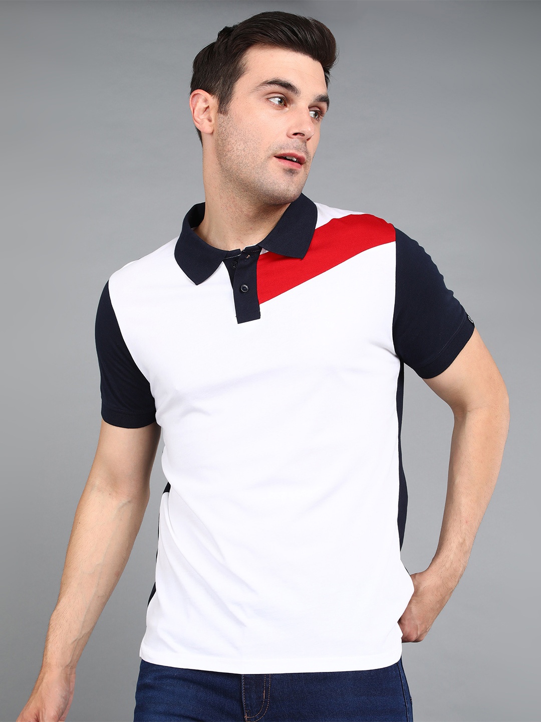 

Urbano Fashion Colourblocked Polo Collar Slim Fit Pure Cotton T-shirt, White