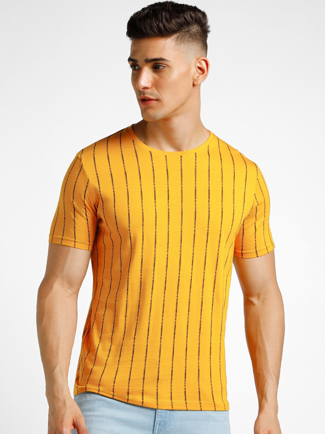 

Urbano Fashion Striped Slim Fit Pure Cotton T-shirt, Mustard
