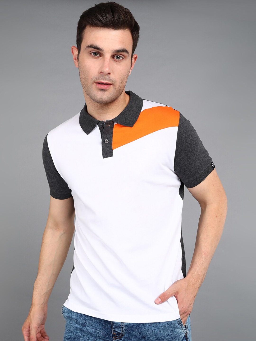 

Urbano Fashion Colourblocked Polo Collar Pure Cotton Slim Fit T-shirt, White