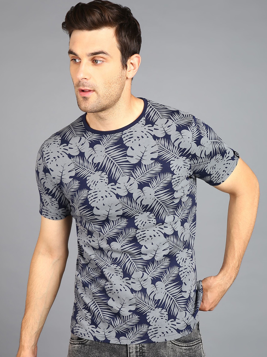 

Urbano Fashion Tropical Printed Pure Cotton Slim Fit T-shirt, Navy blue