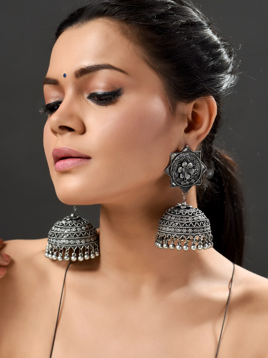 

phuljhadi Silver-Plated Oxidised Dome-Shaped Jhumkas