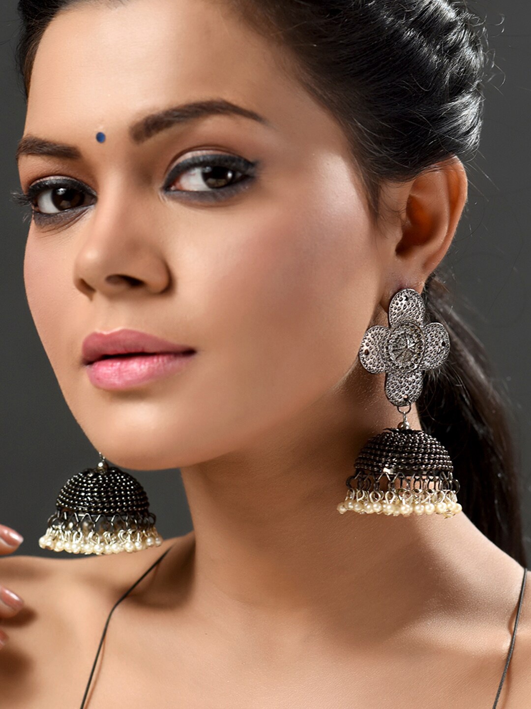 

phuljhadi Silver-Plated Oxidised Beaded Dome-Shaped Jhumkas