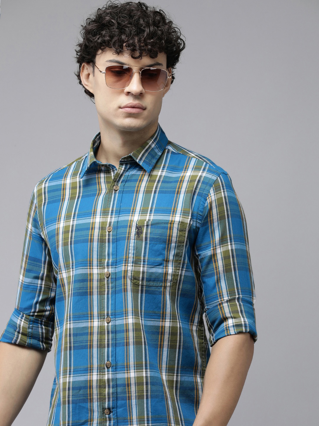 

U.S. Polo Assn. Denim Co. Checked Pure Cotton Slim Fit Casual Shirt, Blue