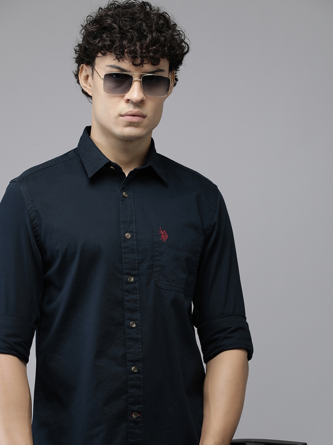 

U.S. Polo Assn. Denim Co. Checked Pure Cotton Slim Fit Casual Shirt, Navy blue