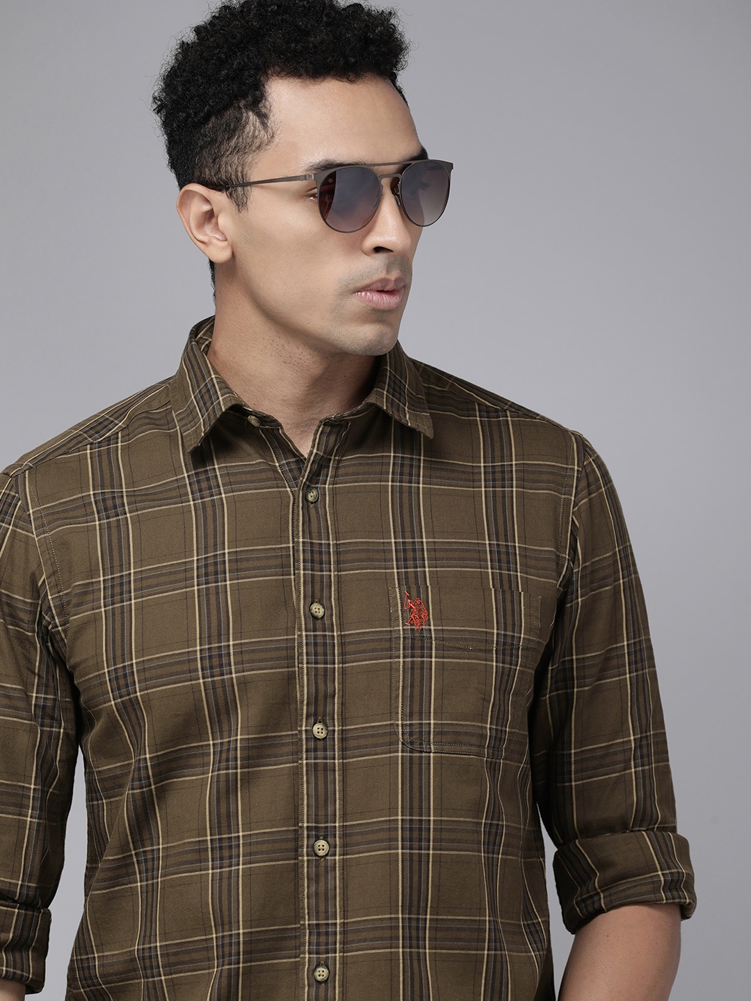 

U.S. Polo Assn. Denim Co. Pure Cotton Slim Fit Tartan Checked Casual Shirt, Olive