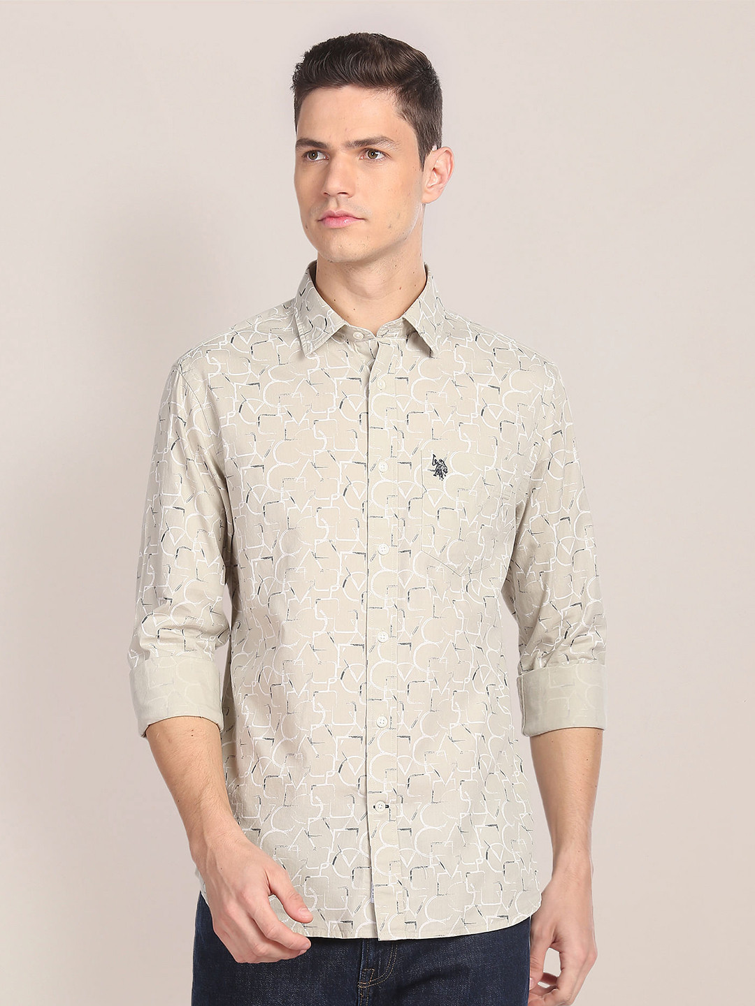 

U.S. Polo Assn. Premium Tailored Fit Geometric Printed Pure Cotton Casual Shirt, Beige