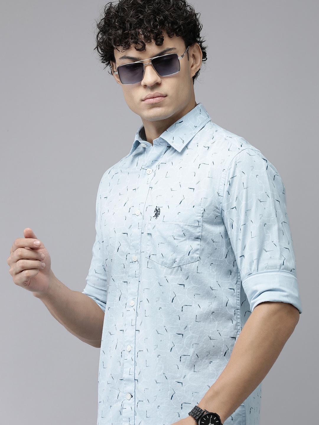 

U.S. Polo Assn. Tailored Fit Printed Pure Cotton Casual Shirt, Blue