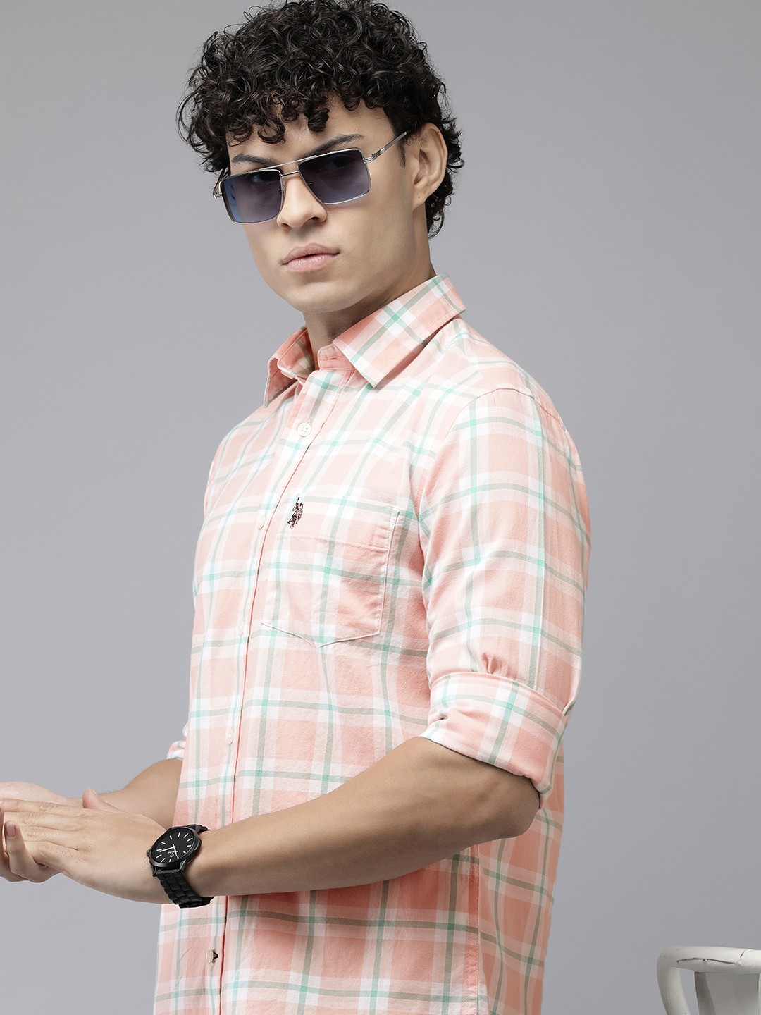 

U.S. Polo Assn. Pure Cotton Tailored Fit Tartan Checked Casual Shirt, Peach