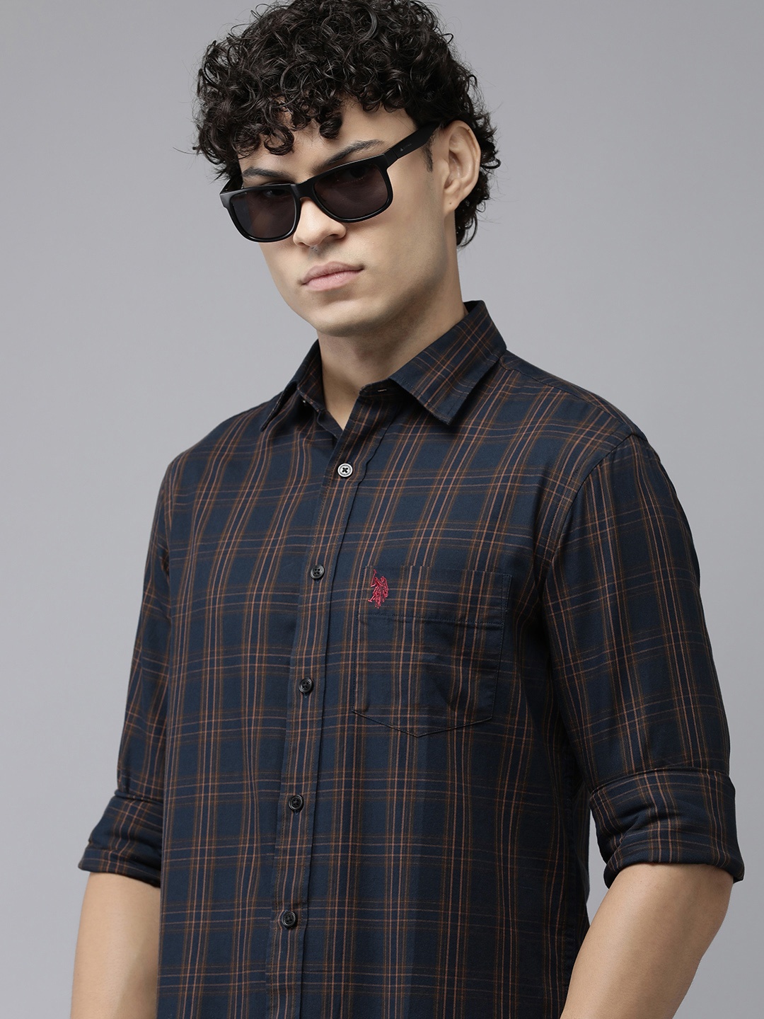 

U.S. Polo Assn. Premium Tailored Fit Checked Pure Cotton Casual Shirt, Blue