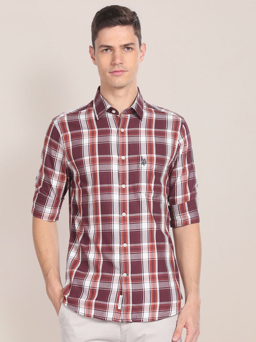 

U.S. Polo Assn. Tailored Fit Checked Pure Cotton Casual Shirt, Maroon