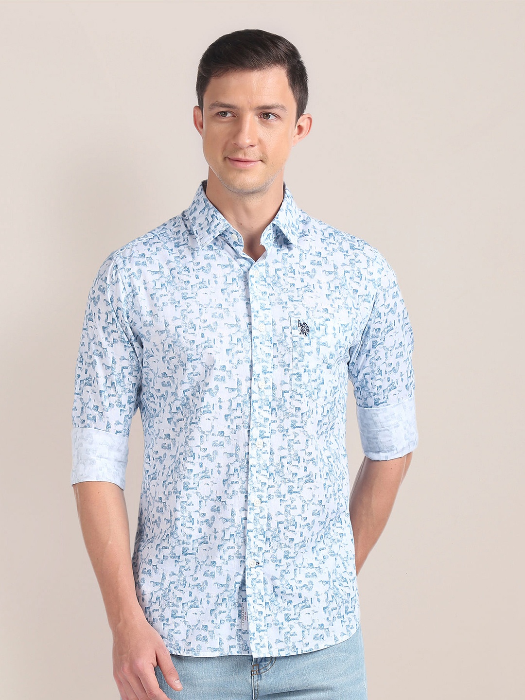 

U.S. Polo Assn. Premium Tailored Fit Abstract Printed Pure Cotton Casual Shirt, White