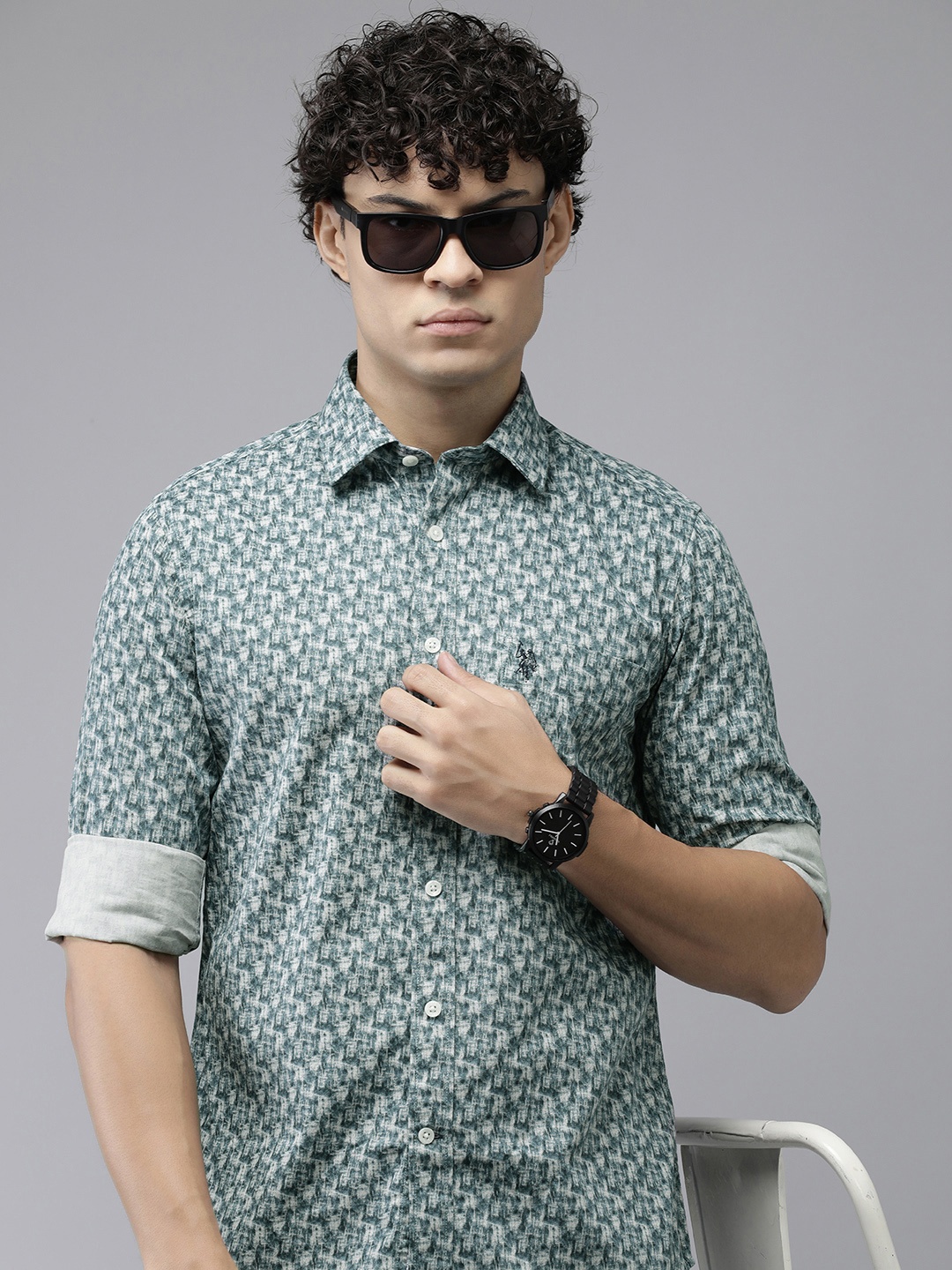 

U.S. Polo Assn. Tailored Fit Printed Pure Cotton Casual Shirt, Green