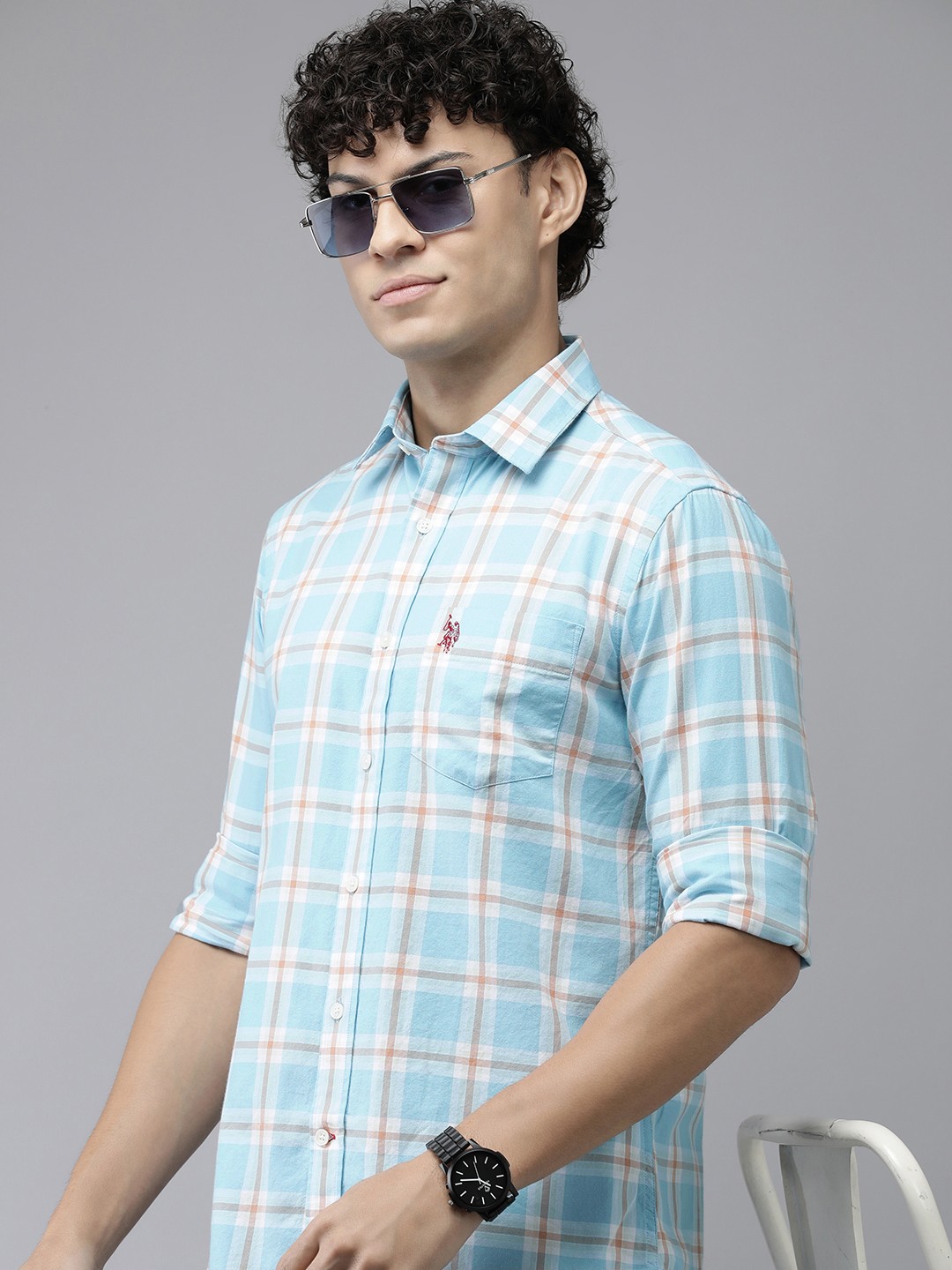 

U.S. Polo Assn. Premium Tailored Fit Checked Pure Cotton Casual Shirt, Blue