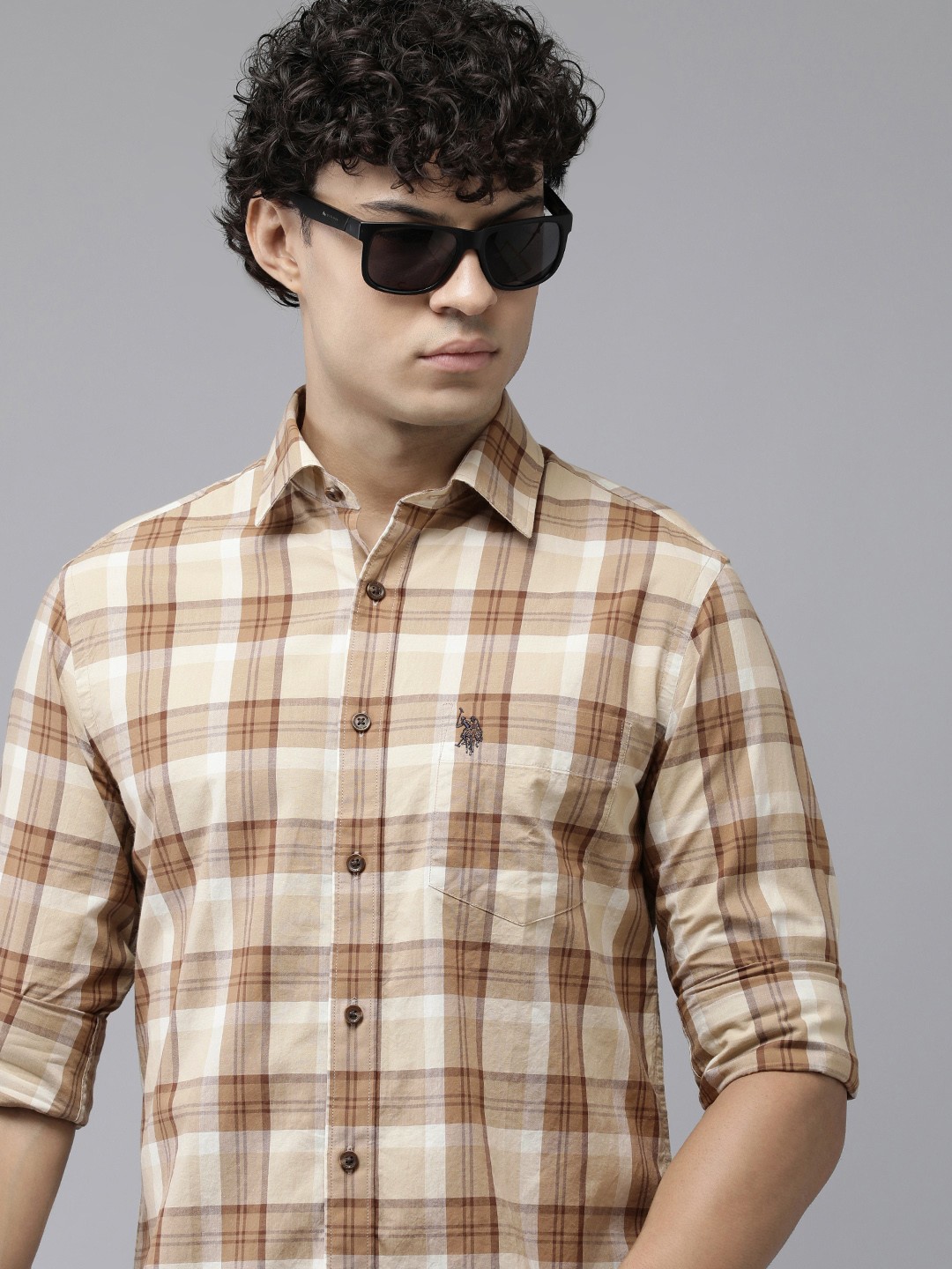 

U.S. Polo Assn. Pure Cotton Tailored Fit Tartan Checked Casual Shirt, Beige