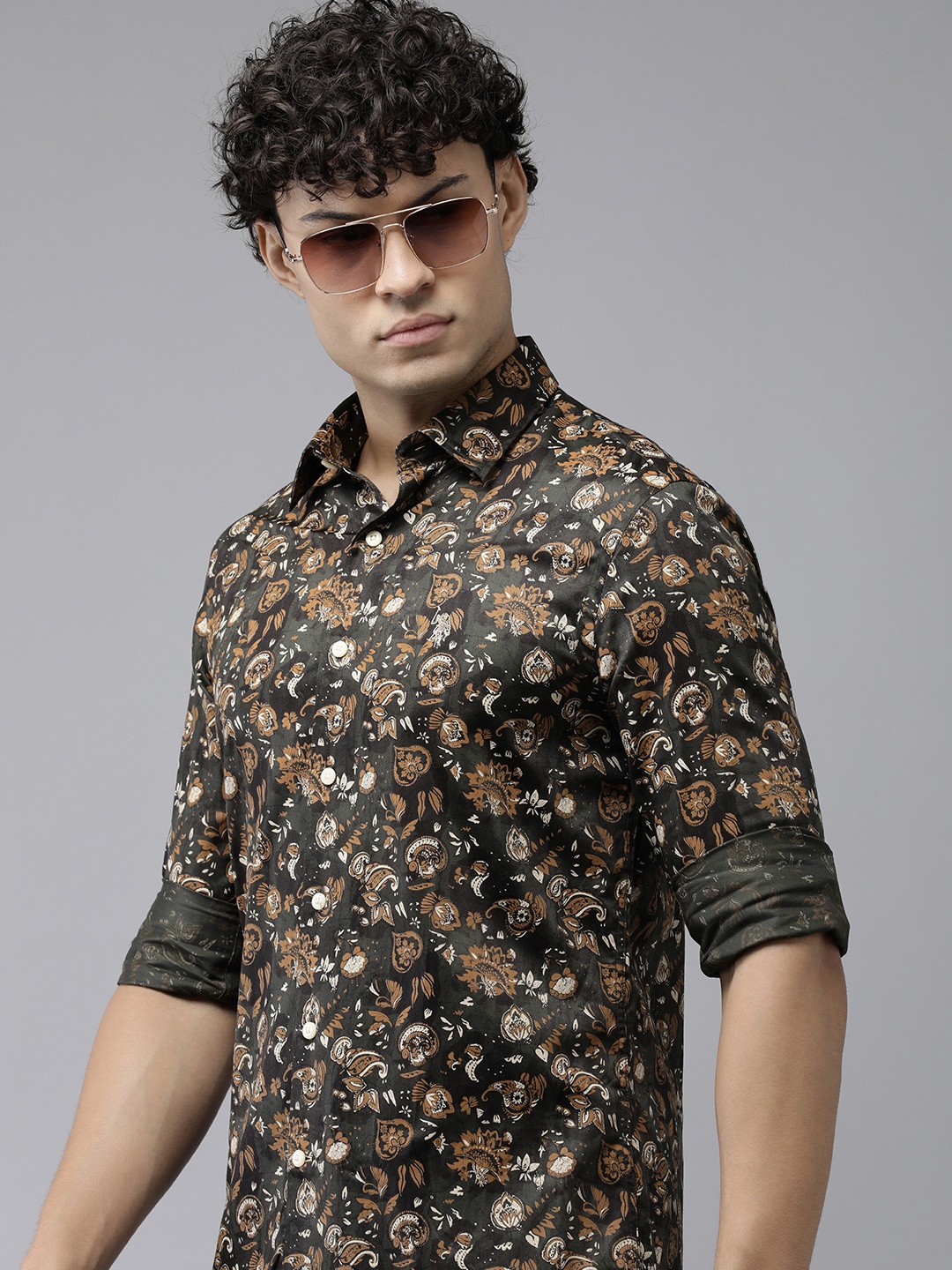 

U.S. Polo Assn. Premium Tailored Fit Ethnic Motifs Printed Pure Cotton Casual Shirt, Olive