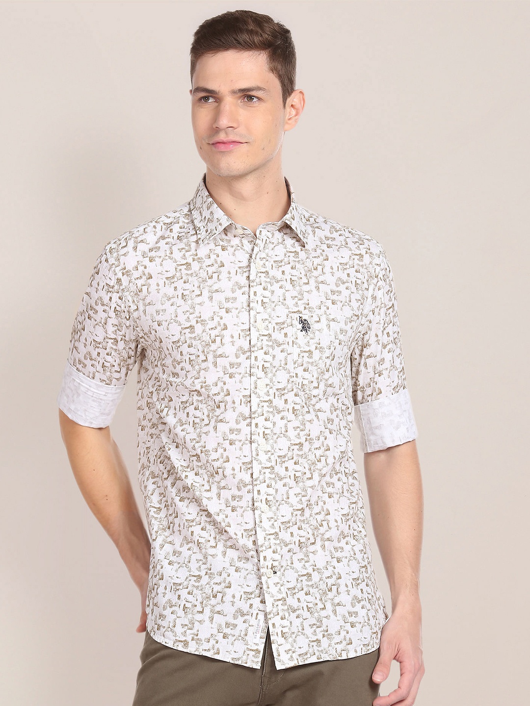 

U.S. Polo Assn. Tailored Fit Printed Pure Cotton Casual Shirt, White