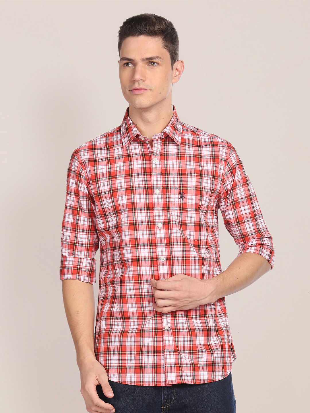 

U.S. Polo Assn. Premium Tailored Fit Pure Cotton Checked Casual Shirt, Red